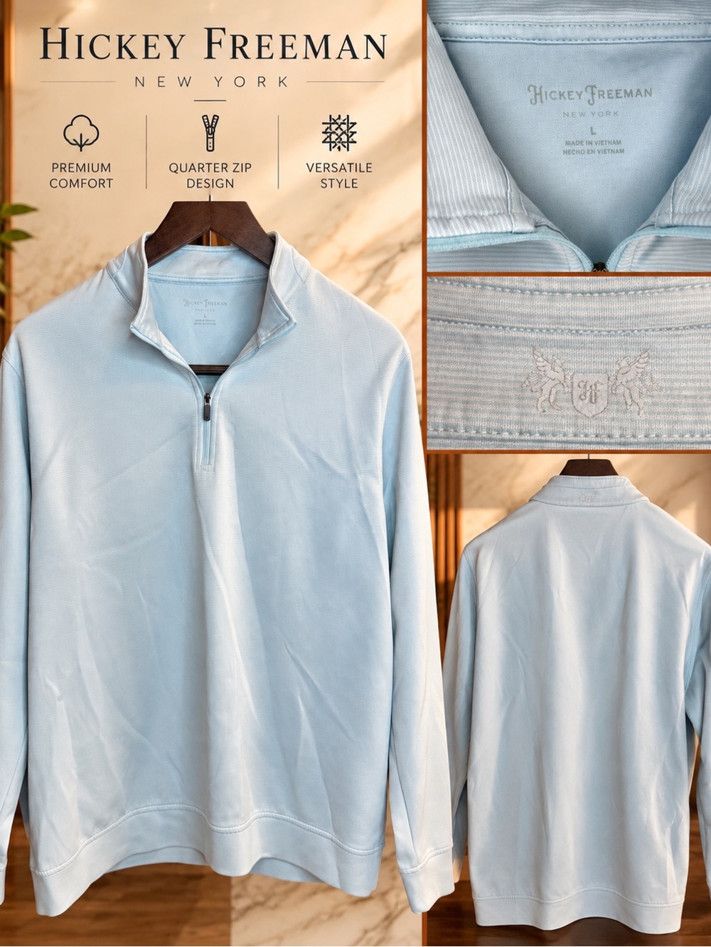 Hickey Freeman Pale Blue Quarter-Zip Pullover Large